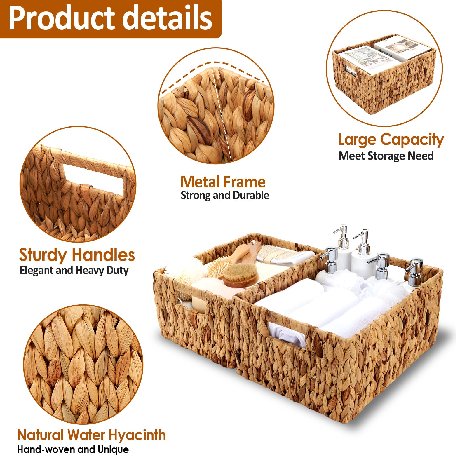 ROSOS Wicker Baskets 2 Pack, Water Hyacinth Wicker Storage Basket with Handles, Large Wicker Baskets for Storage, Wicker Baskets for Organizing, Large Rectangular Wicker Basket, Natural