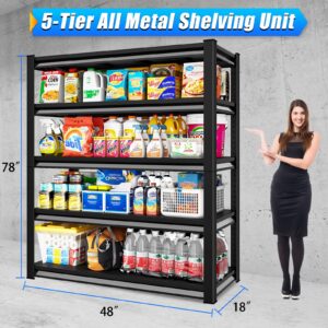 Rufokisa 48" W Garage Shelving Heavy Duty，2800LBS Loads Adjustable Garage Storage Shelves,5-Tier Metal Storage Racks and Shelving Units, Utility Rack Shelves,48”W x 18”D x 78”H,Black