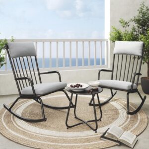 grand patio 3-piece outdoor rocking chair set, steel rocking chairs with cushions and 18-inch round side table, outdoor bistro set for patio porch deck, black