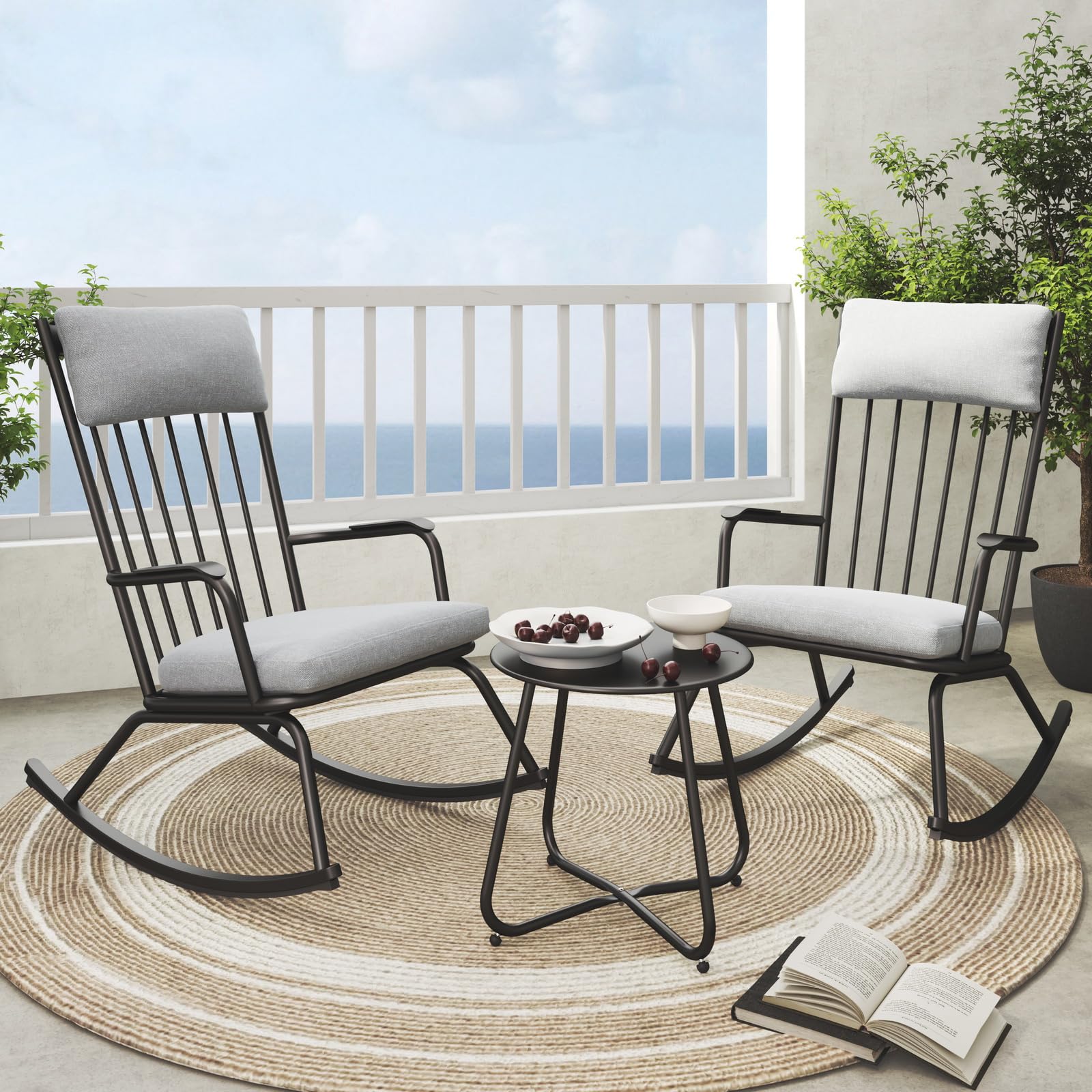 Grand patio 3-Piece Outdoor Rocking Chair Set, Steel Rocking Chairs with Cushions and 18-inch Round Side Table, Outdoor Bistro Set for Patio Porch Deck, Black