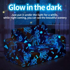 IFNOW Toddler Couch, Toddler Chair Folding, Kids Couch 2 in 1, Kids Sofa for Playroom-Extra Soft 2 Seats, Glow in The Dark Open Couch, Gifts for Kids, Sleeper for Girls Boys, Unicorn