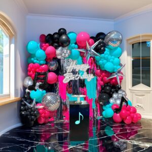 froufing red blue black balloon garland arch kit 146+pcs with disco ball explosion star music note foil balloons for music decorations birthday graduation short videotheme party decorations