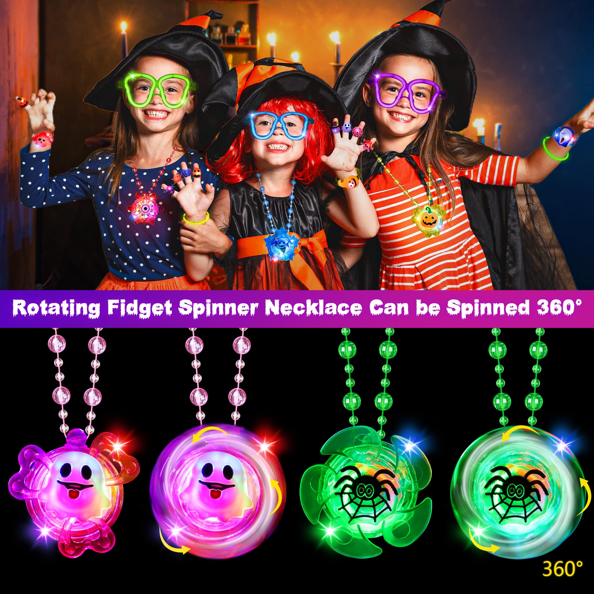 96 Pcs Halloween Party Favors Toys Bulk,Halloween Light Up Rings Glow Sticks Spin Necklace,Halloween Treats Non-Candy Goodie Bag Fillers Basket Stuffers Classroom Prizes Gifts for Kids Trick or Treats