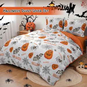 Halloween Duvet Cover Set Queen Fall Pumpkin Spider Cobweb Bat Pattern Duvet Cover, 3 Piece Halloween Themed Bedding Set with Pillowcases, Soft Microfiber Festival Room Decor for Teens Kids(90''x90'')