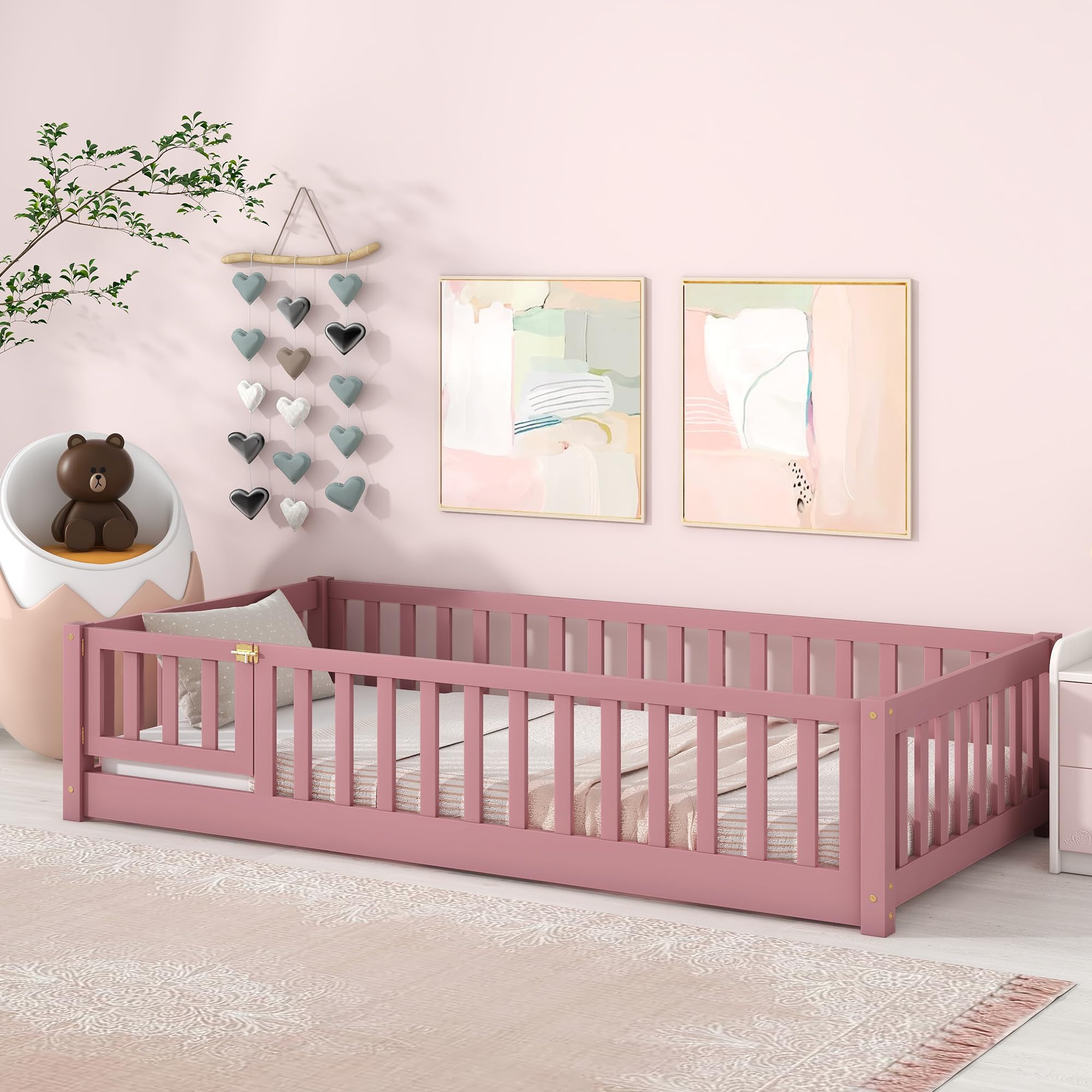 Brafab Montessori Floor Bed with Safety Guardrails and Convertible Door, Twin Size Solid Pine Wood Floor Bed Frame with Slats, Full Length Fence for Girls, Boys, Child Bedroom, Kids Playroom (Pink)