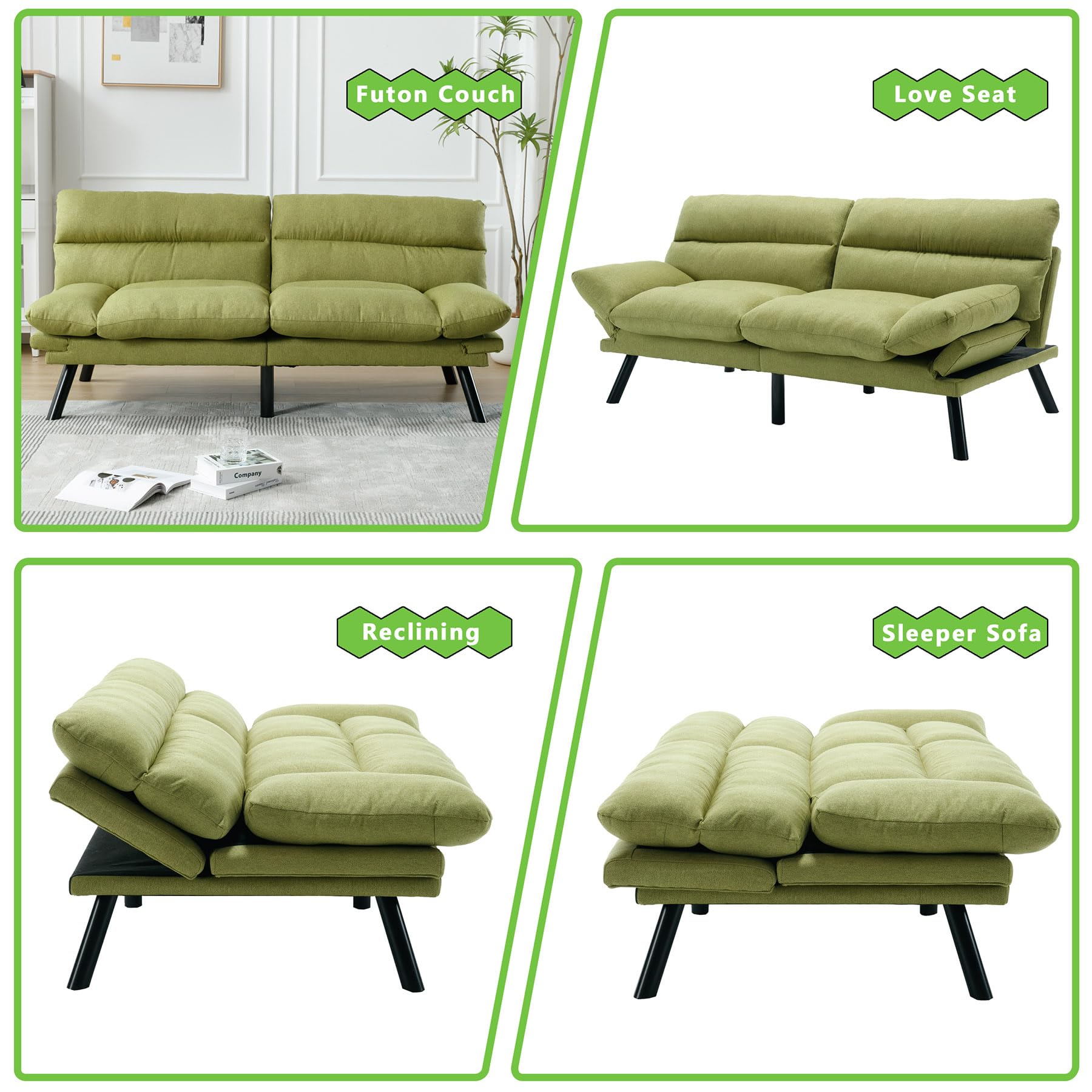 HRVEOCEI Convertible Futon Sofa Bed Couch,Morden Futon Couch Bed,Comfy Loveseat Sleeper Sofa Bed with Folding Armrests&Adjustable Backrests for Bedroom,Living Room,2 Seats,Fabric (Green)