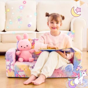 IFNOW Toddler Couch, Toddler Chair Folding, Kids Couch 2 in 1, Kids Sofa for Playroom-Extra Soft 2 Seats, Glow in The Dark Open Couch, Gifts for Kids, Sleeper for Girls Boys, Unicorn