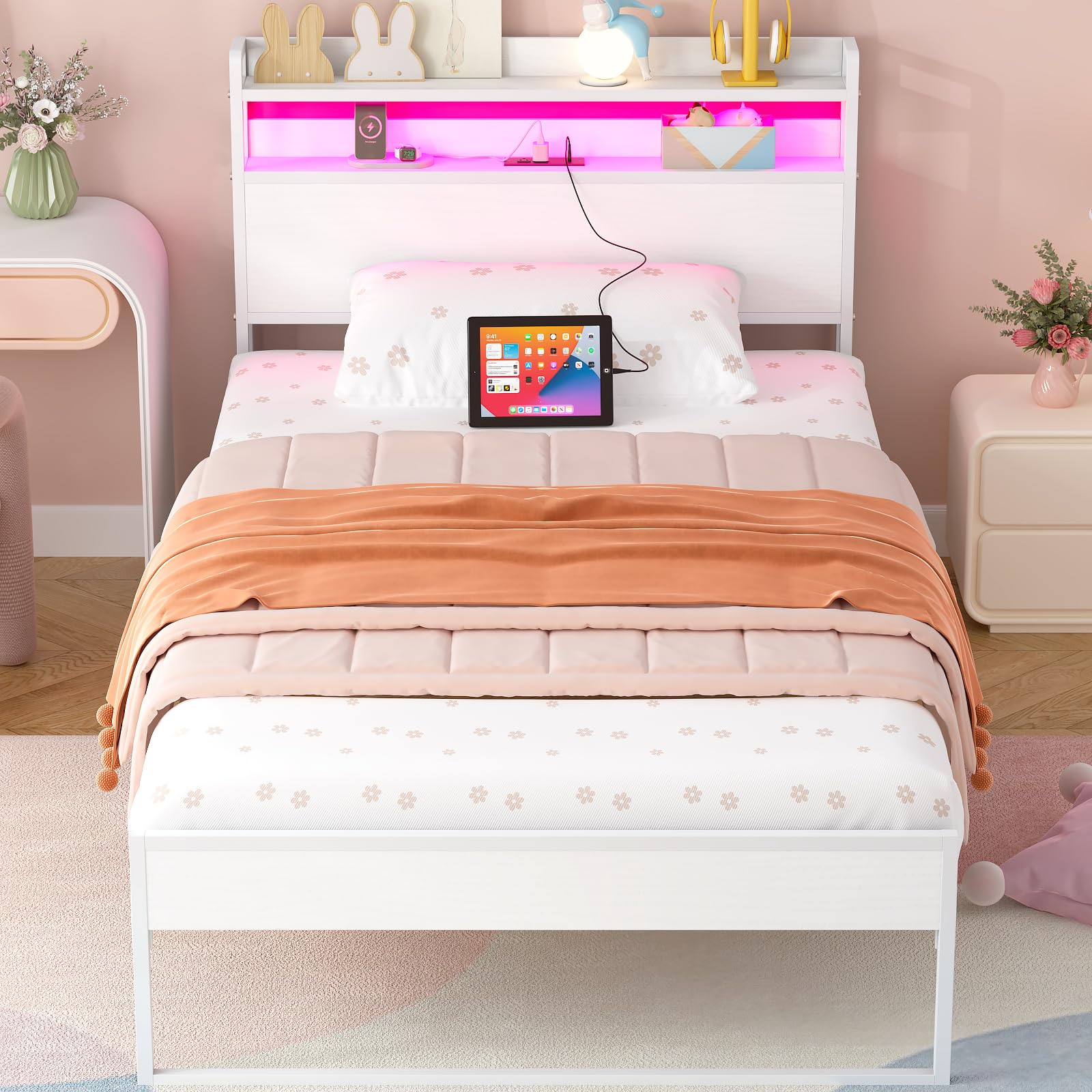 Elephance Twin Bed Frames with Charging Station and LED Lights, Metal Bed Frame with 2-Tier Storage Headboard, No Box Spring Needed, Noise Free, Easy Assembly