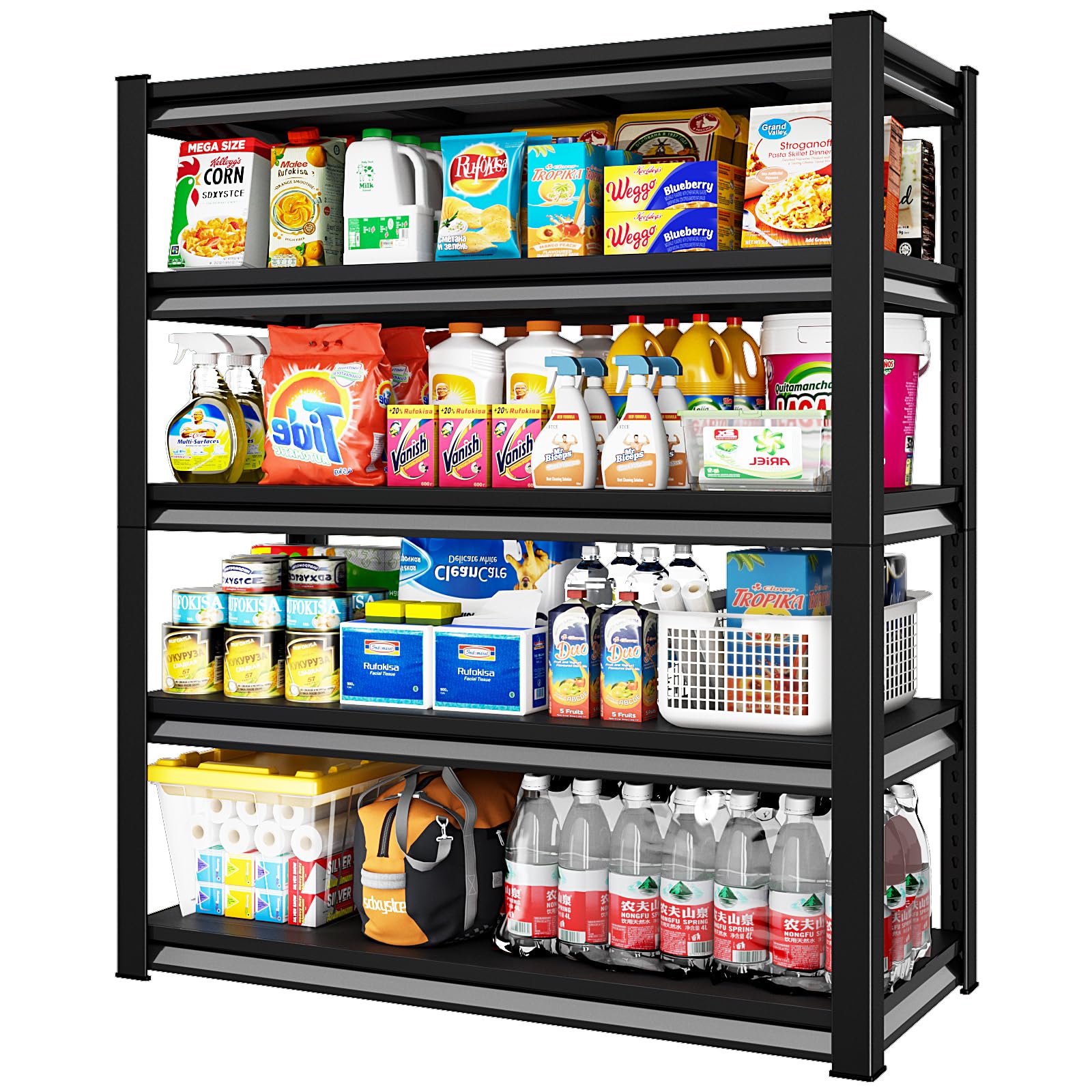 Rufokisa 48" W Garage Shelving Heavy Duty，2800LBS Loads Adjustable Garage Storage Shelves,5-Tier Metal Storage Racks and Shelving Units, Utility Rack Shelves,48”W x 18”D x 78”H,Black