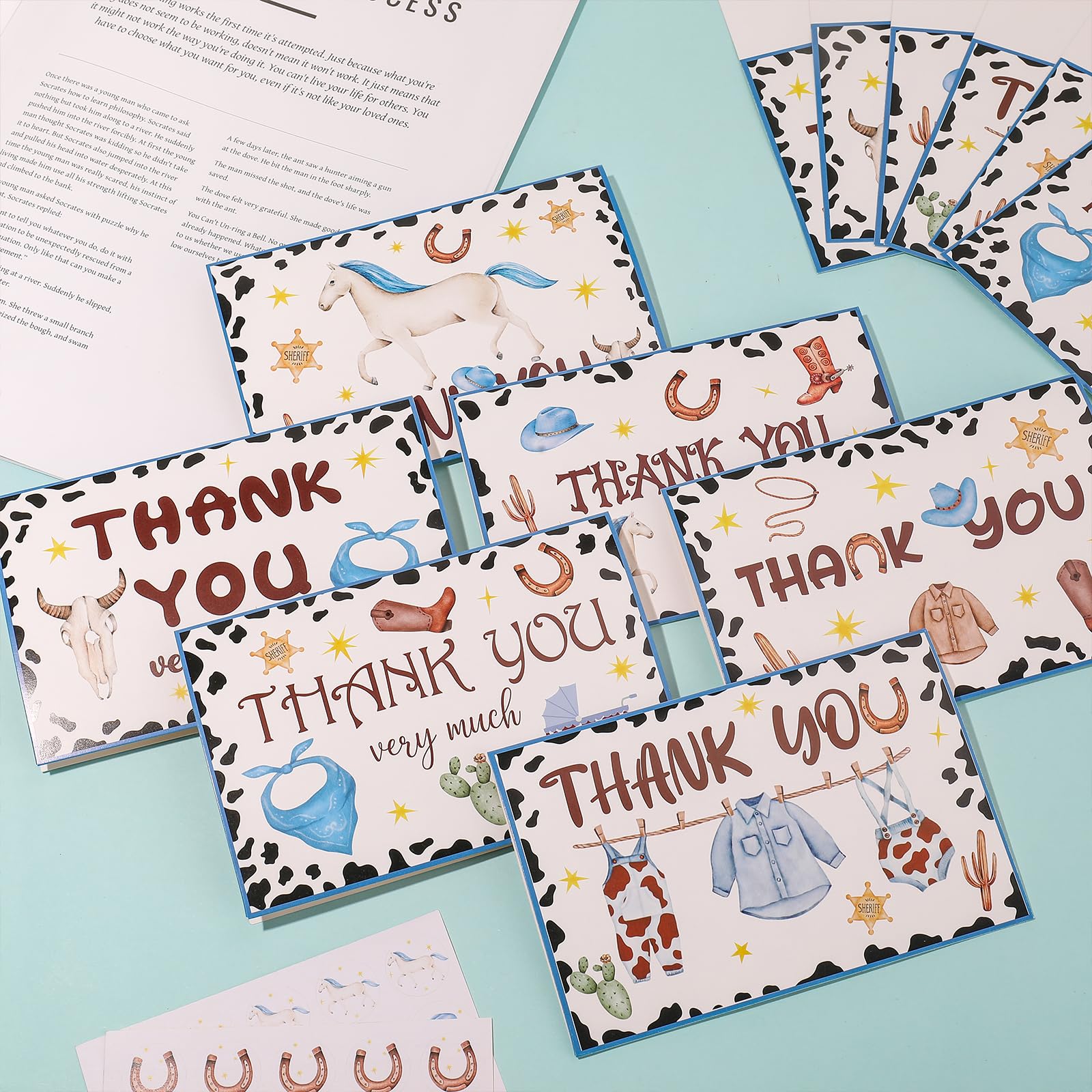 NODMIPNS 60 Pieces Little Cowboy Baby Shower Thank You Cards,Western Rodeo Thank You Cards Includes 30 Pieces Envelopes and 30 Pieces Cowboy Cards with Stickers for Baby Shower Wedding Bridal