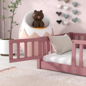 Brafab Montessori Floor Bed with Safety Guardrails and Convertible Door, Twin Size Solid Pine Wood Floor Bed Frame with Slats, Full Length Fence for Girls, Boys, Child Bedroom, Kids Playroom (Pink)