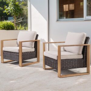 belord patio wicker chairs set of 2-350 lbs weight capacity wicker outdoor club chair set with metal wide armrests for porch deck sunroom backyard