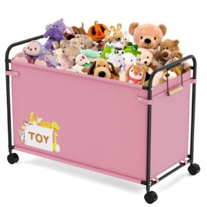 jbbtool toy box storage, 180l extra large toy chest with 360° wheels, oxford cloth metal toy box for boys, girls, stuffed animals, clothes, bedroom, living room (pink)