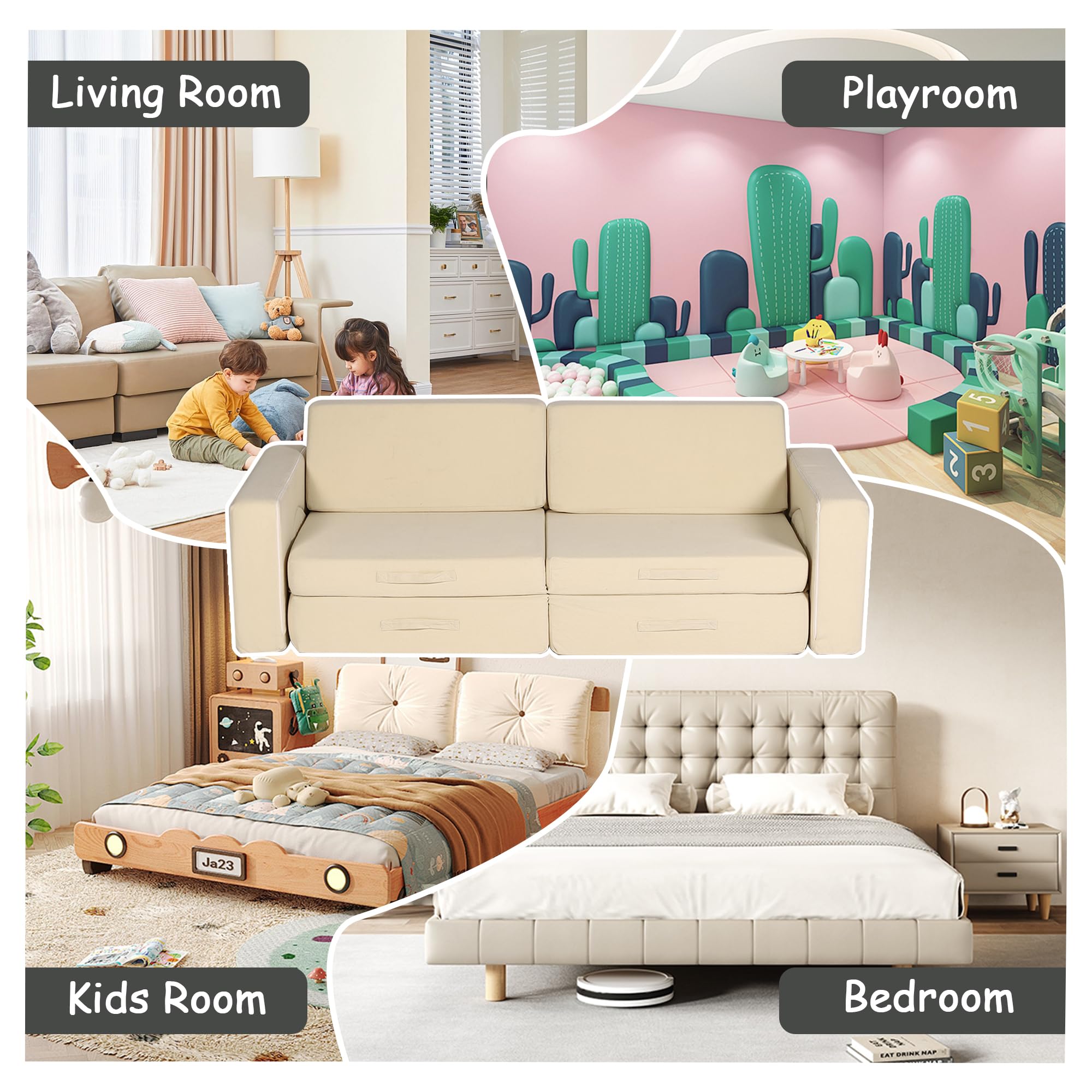 VINYUSE Kids Couch 10PCS, Modular Kids Sofa for Playroom Bedroom Living Rooms, 10 in 1 Multifunctional Kids Sofa for Playing, Creativing, Sleeping, Kids Furniture for Gift, Beige