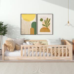 Brafab Montessori Floor Bed with Safety Guardrails and Door, Twin Size Solid Pine Wood Floor Bed Frame with Slats, Full Length Fence for Girls, Boys, Child Bedroom, Kids Playroom (Natural)