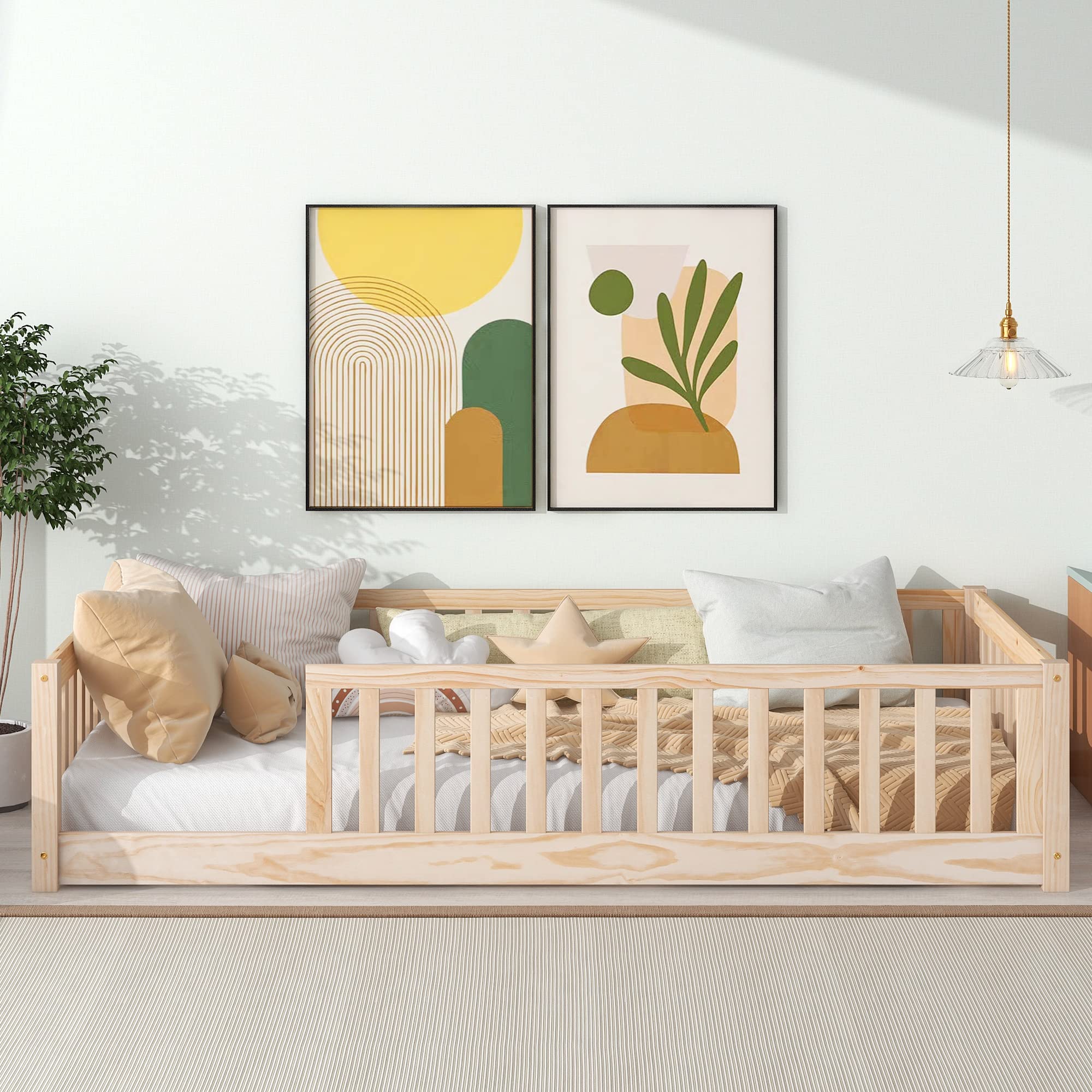 Brafab Montessori Floor Bed with Safety Guardrails and Door, Twin Size Solid Pine Wood Floor Bed Frame with Slats, Full Length Fence for Girls, Boys, Child Bedroom, Kids Playroom (Natural)