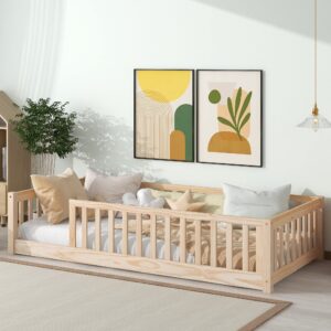 Brafab Montessori Floor Bed with Safety Guardrails and Door, Twin Size Solid Pine Wood Floor Bed Frame with Slats, Full Length Fence for Girls, Boys, Child Bedroom, Kids Playroom (Natural)