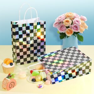 16Pcs Iridescent Checkered Race Car Party Favor Bags, Black and Iridescent Car Goodie Bags with Handles, Laser Plaid Kraft Paper Candy Gift Treat Bags for Kids Fast Race Car Birthday Party Decorations