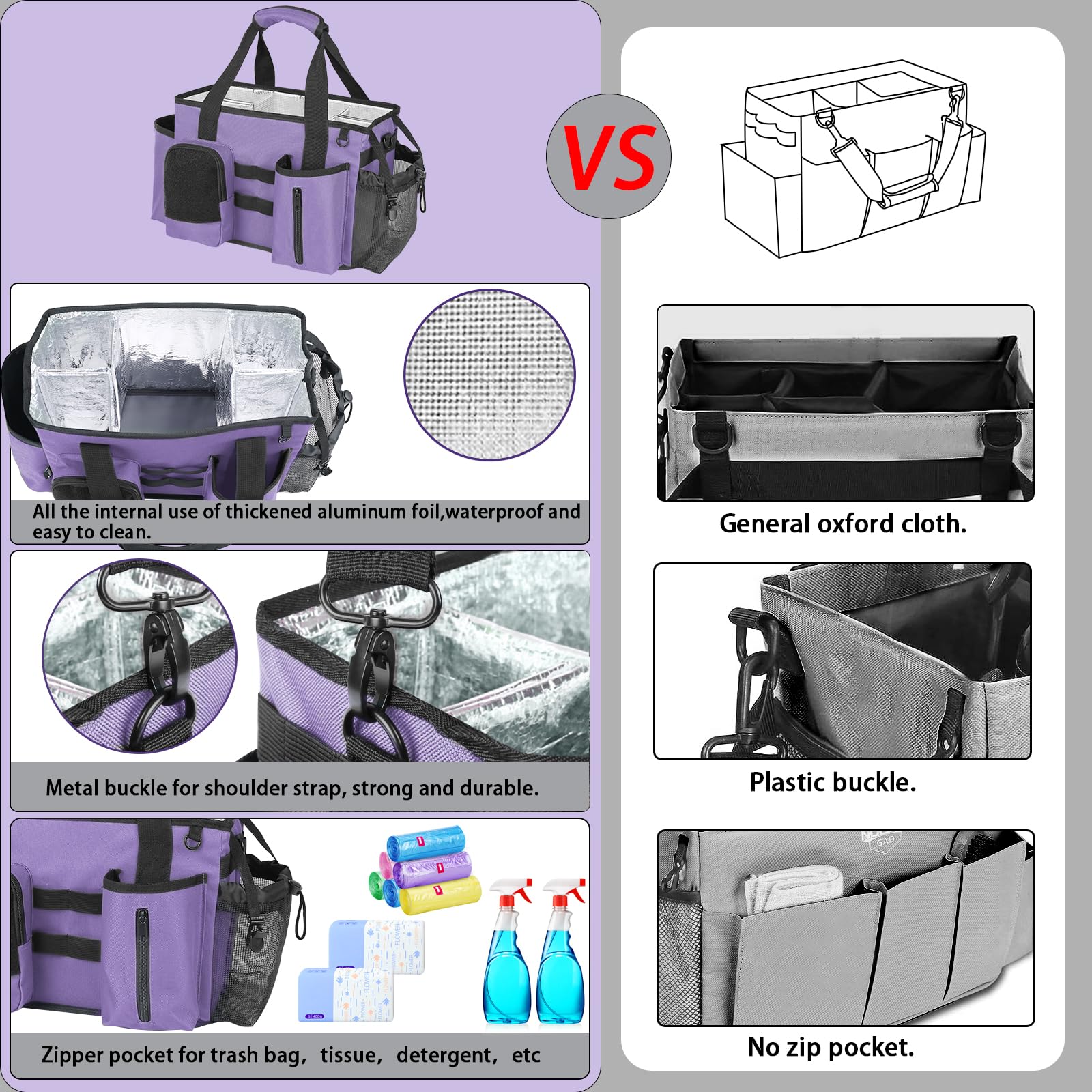 Timoxi Wearable Cleaning Caddy Bag, Cleaning Organizer with Handles, Cleaning Supply Tote with Adjustable Shoulder Strap for Cleaners & Housekeeper (Purple, 13.4'' x 7.3'' x 9.3'')