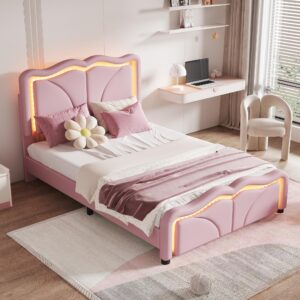 softsea twin size upholstered platform bed, platform bed with led light strips and curve shaped adjustable headboard, wood bed frame for bedroom, no box spring needed, pink