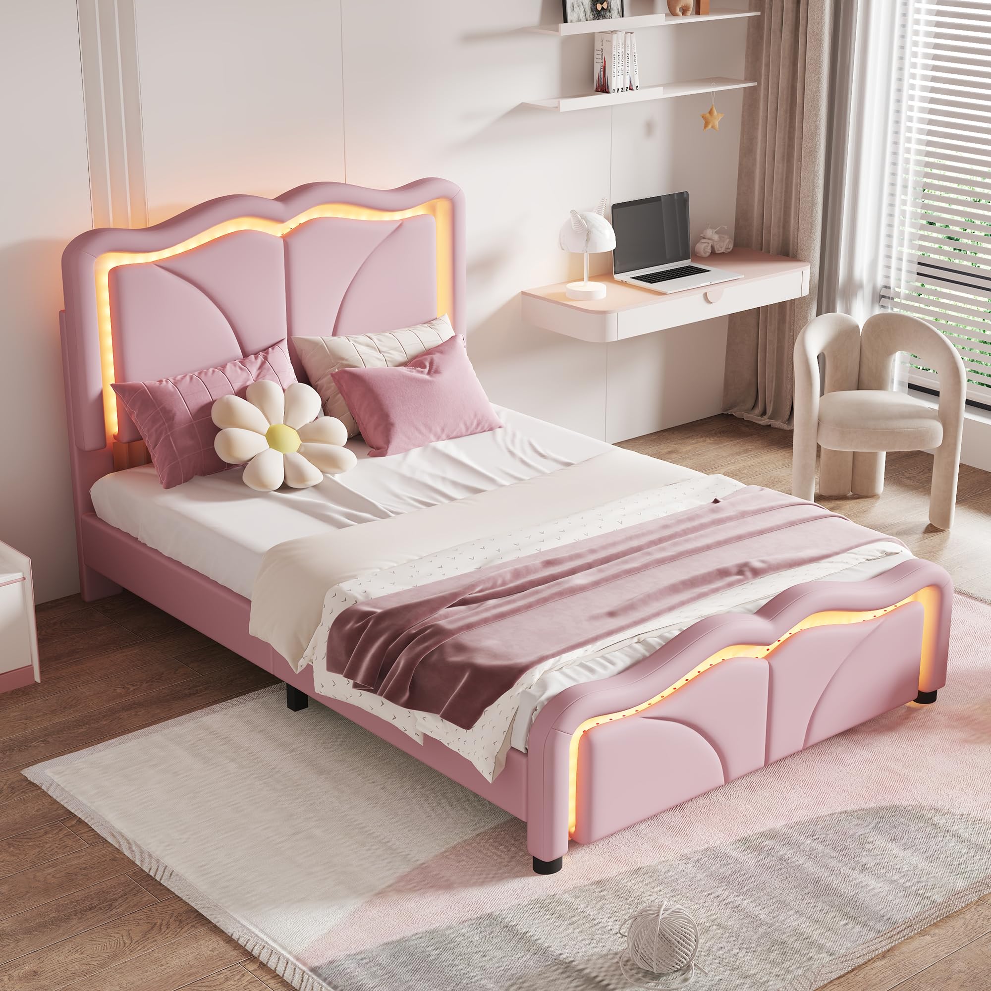 SOFTSEA Twin Size Upholstered Platform Bed, Platform Bed with LED Light Strips and Curve Shaped Adjustable Headboard, Wood Bed Frame for Bedroom, No Box Spring Needed, Pink