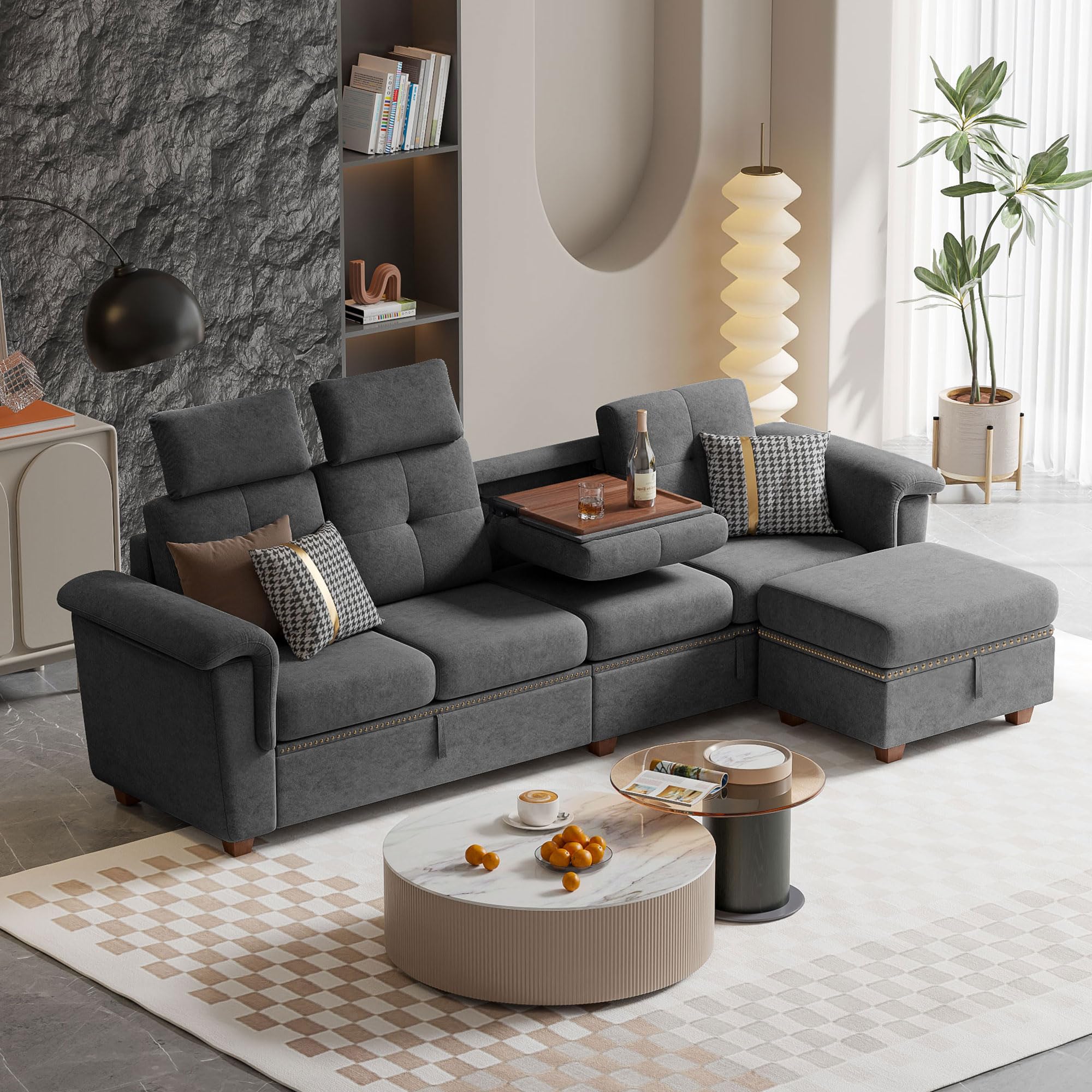 Chireca Convertible Sectional Sofa, Modern Microfibe L Shaped Couch with Storage Chaise and Cup Holder 4 Seat Sofa Couches with Extra Headrests for Living Room, Apartment, Dark Grey