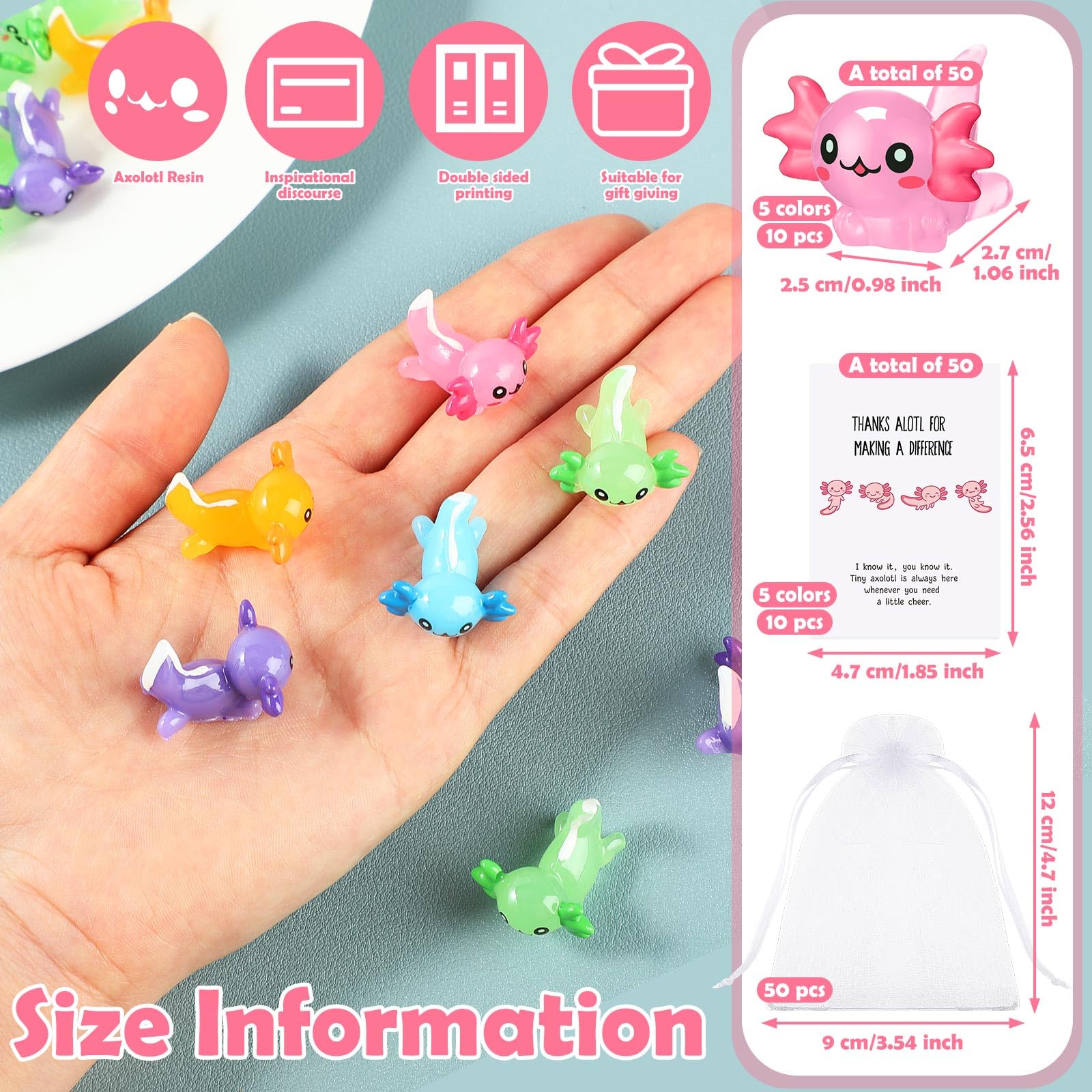 Simgoing 150 Pcs Employee Appreciation Gifts Bulk Include 50 Mini Axolotl Resin Figurine Axolotl Pun Inspirational Thank You Note Cards 50 Organza Bags for Staff Coworkers Office Gifts Party Favors