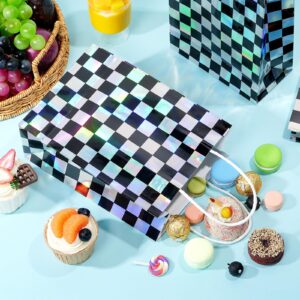 16Pcs Iridescent Checkered Race Car Party Favor Bags, Black and Iridescent Car Goodie Bags with Handles, Laser Plaid Kraft Paper Candy Gift Treat Bags for Kids Fast Race Car Birthday Party Decorations