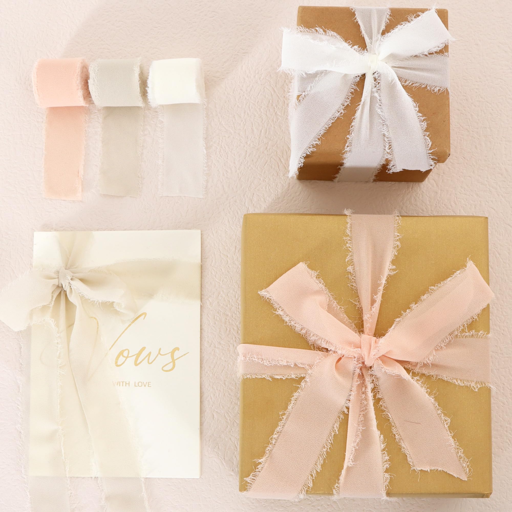 TONIFUL 4 Rolls Beige Chiffon Ribbon 1 1/2 inch× 5.5 Yards Ribbon Fabric Silk Ribbon for Gift Wrapping Wedding Party Decoration Flower Bouquet Wrapping Bows Making DIY Crafts