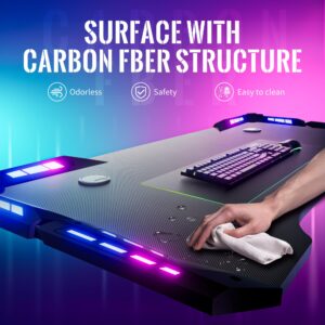 Gamtimer Gaming Desk with LED Lights,55 inch Carbon Fiber Surface RGB Gaming Computer Table, 384 Color Mode with Remote Control, Cup Holder and Headphone Hook - Black