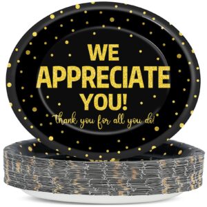 50 pcs we appreciate you party plates thank you paper plate, large 11 inch black and gold appreciation week dessert tableware for employee volunteer teacher doctor staff thank you party decorations