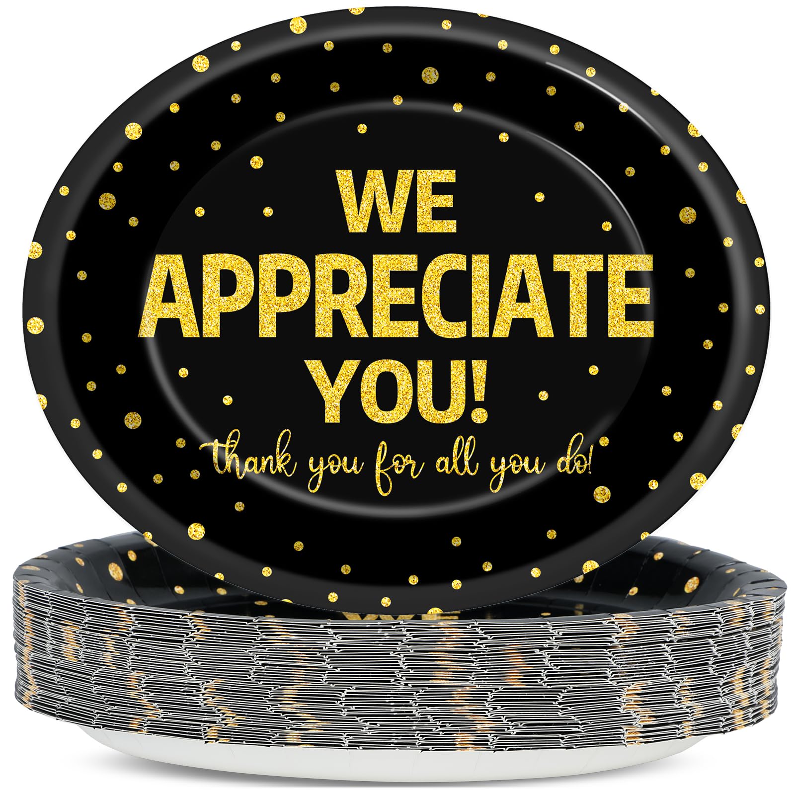 50 Pcs We Appreciate You Party Plates Thank You Paper Plate, Large 11 Inch Black and Gold Appreciation Week Dessert Tableware for Employee Volunteer Teacher Doctor Staff Thank You Party Decorations