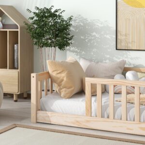 Brafab Montessori Floor Bed with Safety Guardrails and Door, Twin Size Solid Pine Wood Floor Bed Frame with Slats, Full Length Fence for Girls, Boys, Child Bedroom, Kids Playroom (Natural)