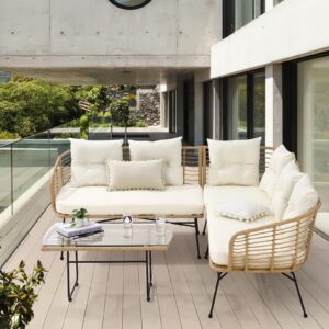 IDEALHOUSE 4 Pieces Patio Furniture Set,Boho L-Shaped Sofa Outdoor Furniture Lounge Set Conversation Sectional with Thick Cushions and Toughened Glass Coffee Table for Deck,Backyard, Porch