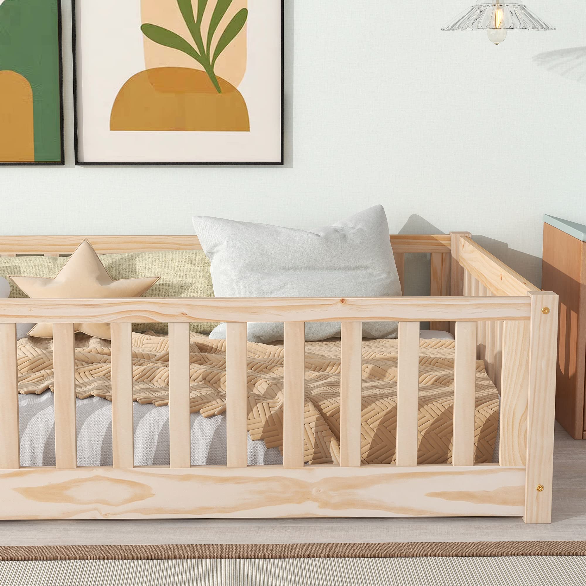 Brafab Montessori Floor Bed with Safety Guardrails and Door, Twin Size Solid Pine Wood Floor Bed Frame with Slats, Full Length Fence for Girls, Boys, Child Bedroom, Kids Playroom (Natural)