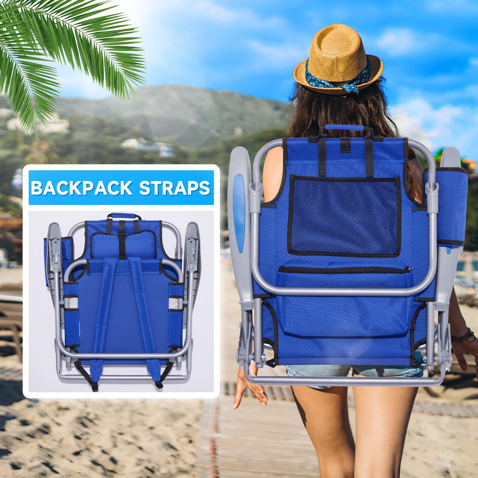 Canpsky 2PC Portable Beach Chair for Adults, 4 Position Backpack Folding Camping Chairs for Outdoor, Beach Chairs with Backpack Straps, Blue