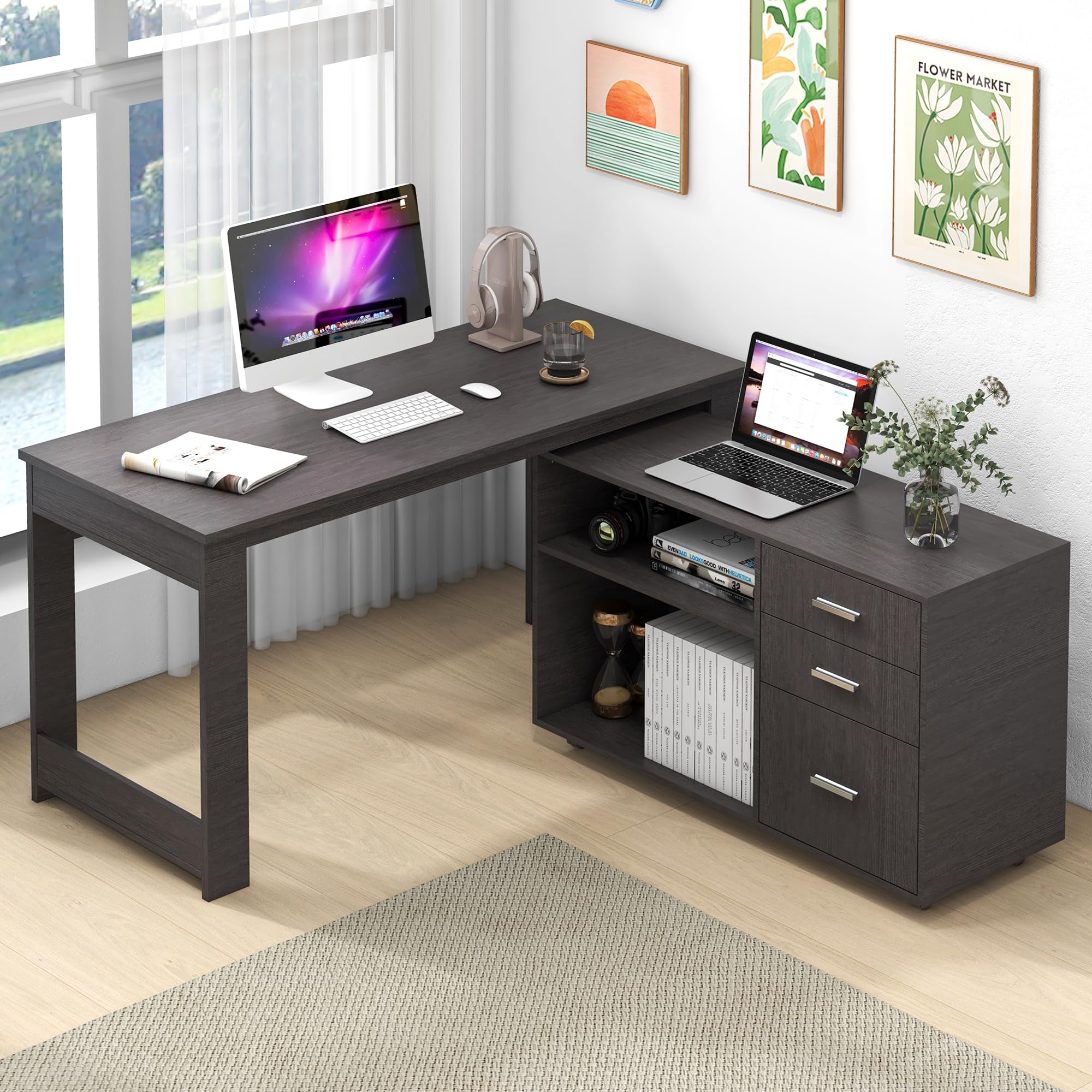 MU Gray L Shaped Desk with Drawers, Corner Desk with 3 Drawers and 2 Shelve, Executive Office Desk with Storage File Cabinet for Home Office Workstation, Bedroom, 55 inch