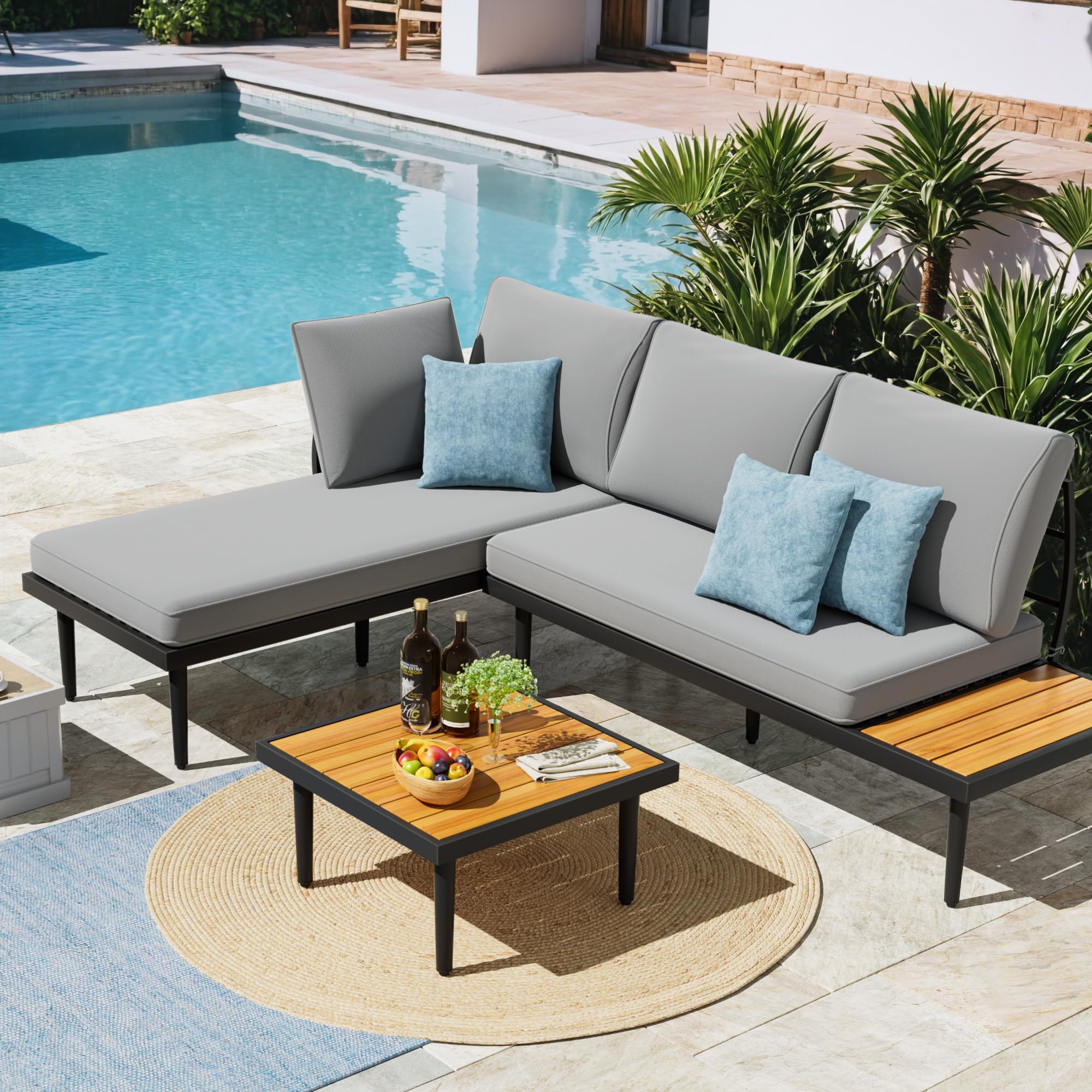 Devoko Outdoor Sectional Furniture Patio Sectional Sofa with Acacia Wood Table, Patio L-Shaped Conversation Set with All-Weather Cushion for Patio,Garden,Backyard(Gray)