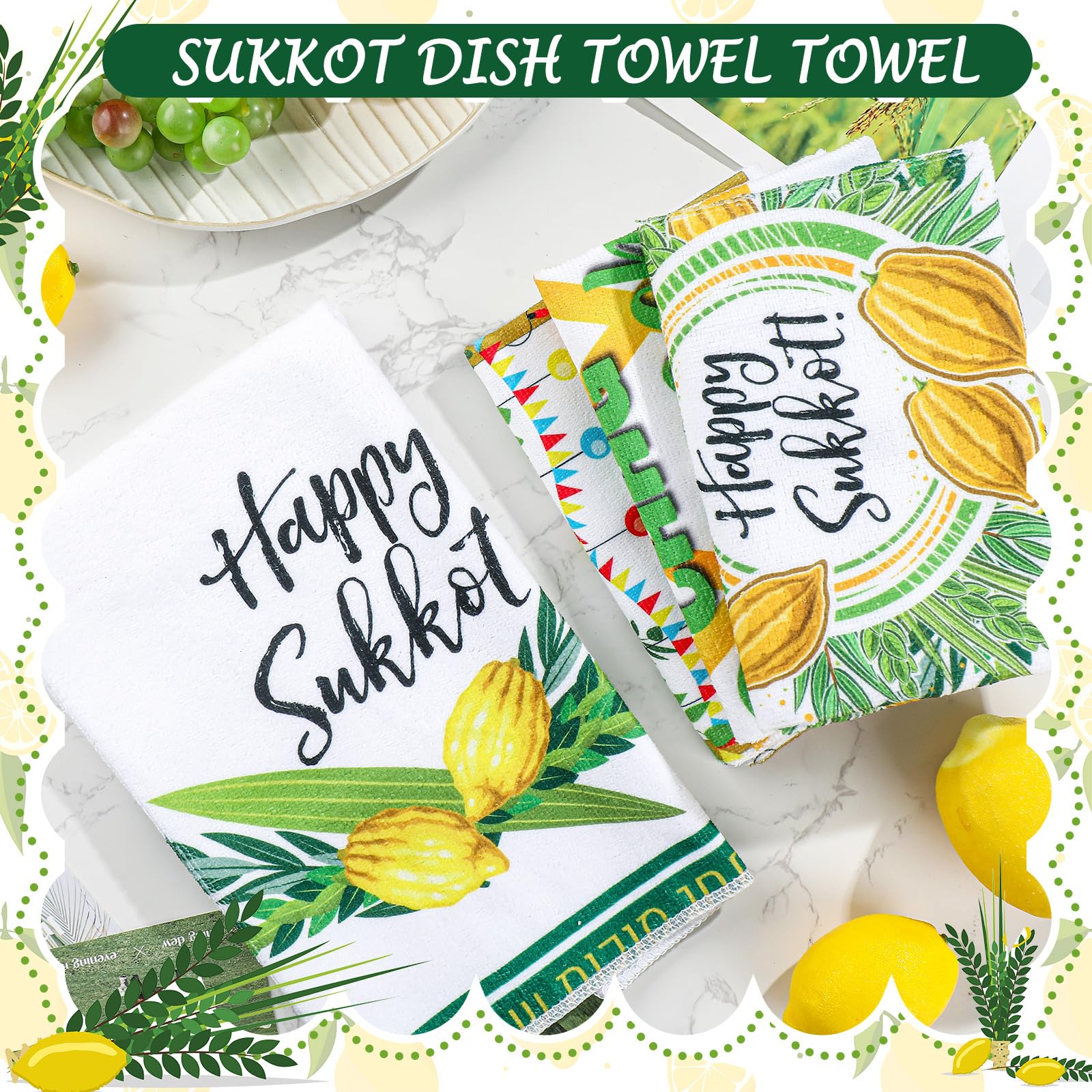 FuWeave 4 Pcs Happy Sukkot Kitchen Towels Etrog Dish Towels 15.7 x 23.6 Inch Hebrew Jewish Lulav Decoration Gifts Dish Cloth Hand Drying Towel Sukkah Party Tea Towel for Home Baking Holiday