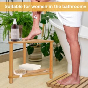 Bamboo Corner Shower Stool for Inside Shower Shaving Legs, Waterproof Bathroom Shower Bench Seat with Storage Shelf for Bathroom, Shower Foot Rest for Small Spaces, Bath Seat