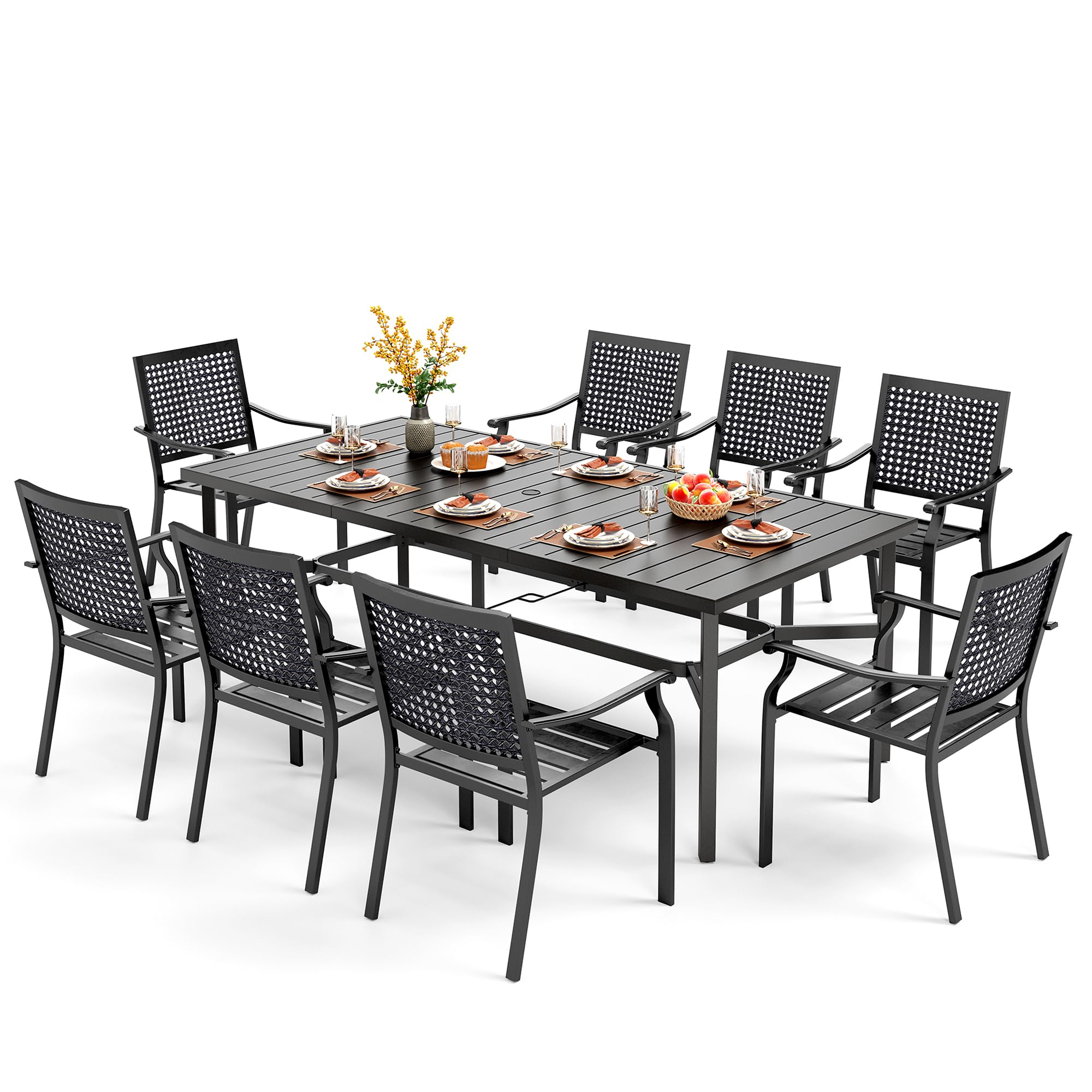 PHI VILLA 9 Pieces Outdoor Dining Set for 8, Large Rectangular Metal Dining Table with Umbrella Hole & Stackable Wrought Iron Chairs, Dining Furniture for Patio, Deck, Yard, Porch