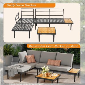 Devoko Outdoor Sectional Furniture Patio Sectional Sofa with Acacia Wood Table, Patio L-Shaped Conversation Set with All-Weather Cushion for Patio,Garden,Backyard(Gray)