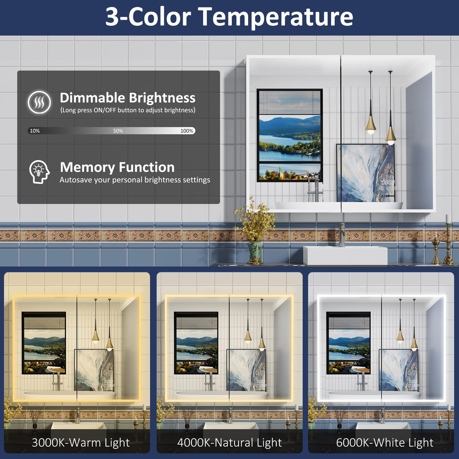 Lighted Medicine Cabinet with Mirror 36×30 Inch, Surface or Recessed Medicine Cabinet with Lights, Clock&Temp Display, Defogger, Dimming, LED Bathroom Medicine Cabinet with Built-in Outlet & USB Ports