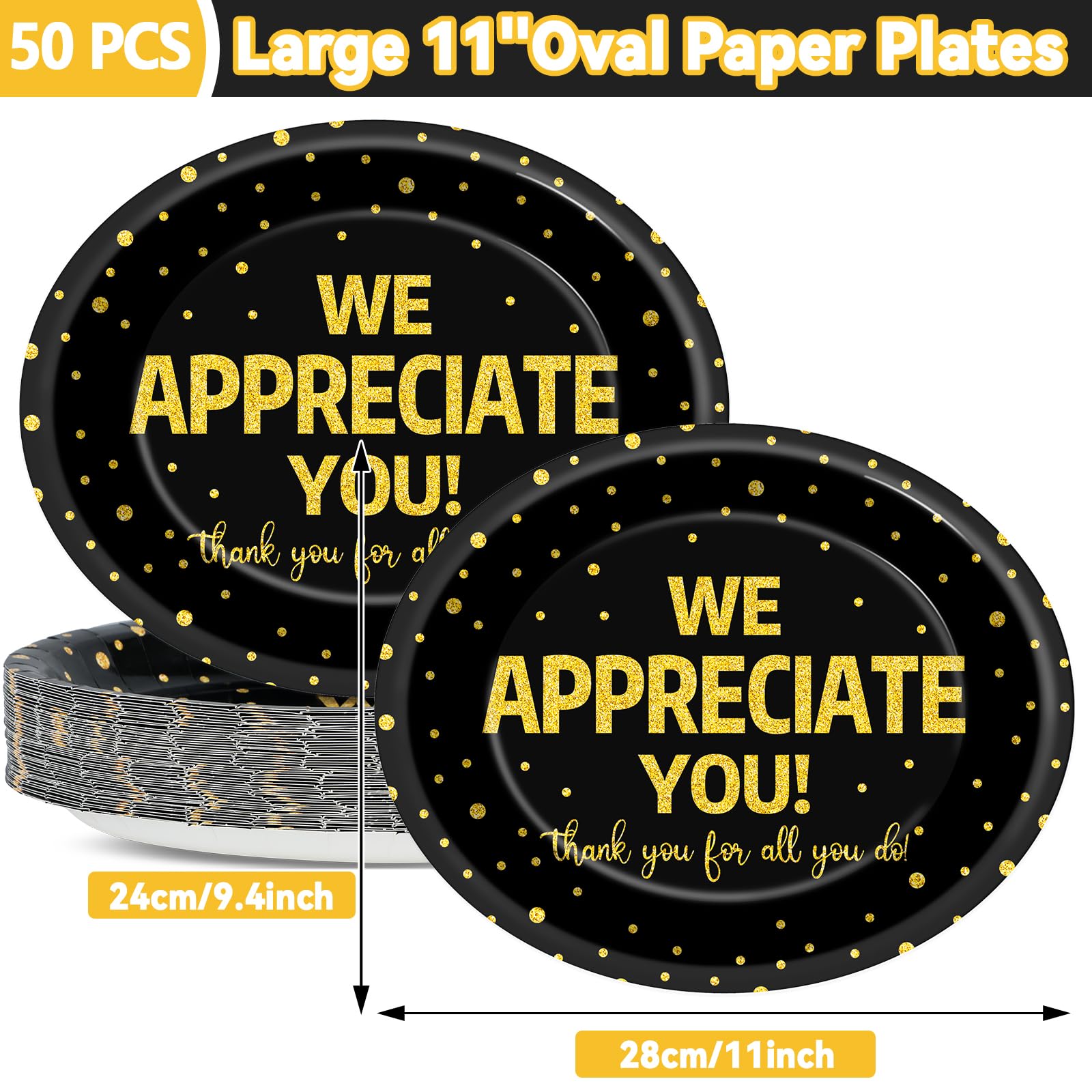 50 Pcs We Appreciate You Party Plates Thank You Paper Plate, Large 11 Inch Black and Gold Appreciation Week Dessert Tableware for Employee Volunteer Teacher Doctor Staff Thank You Party Decorations