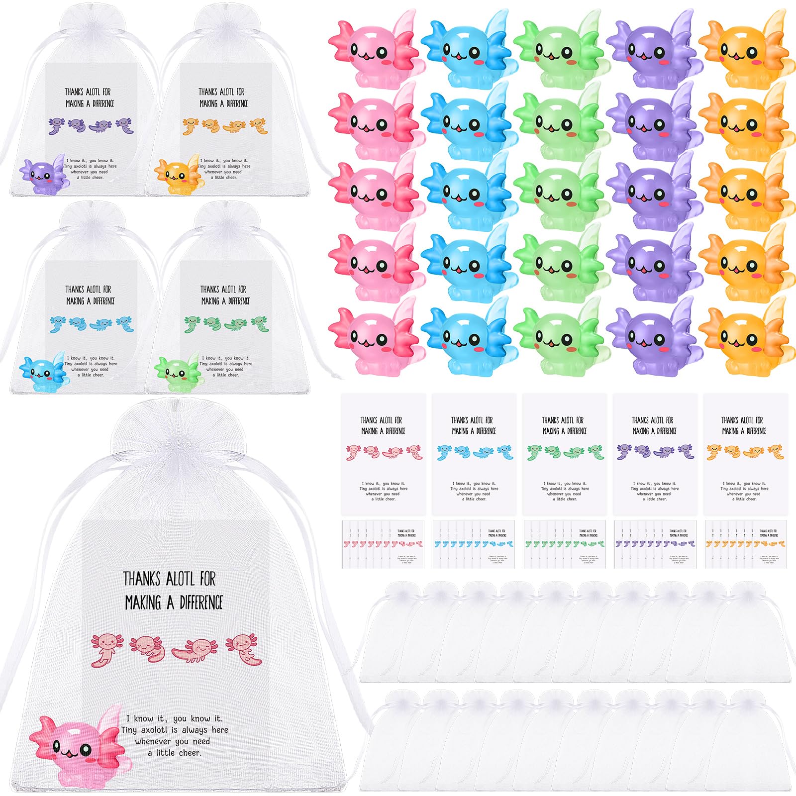 Simgoing 150 Pcs Employee Appreciation Gifts Bulk Include 50 Mini Axolotl Resin Figurine Axolotl Pun Inspirational Thank You Note Cards 50 Organza Bags for Staff Coworkers Office Gifts Party Favors