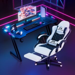 Gamtimer Gaming Desk with LED Lights,55 inch Carbon Fiber Surface RGB Gaming Computer Table, 384 Color Mode with Remote Control, Cup Holder and Headphone Hook - Black