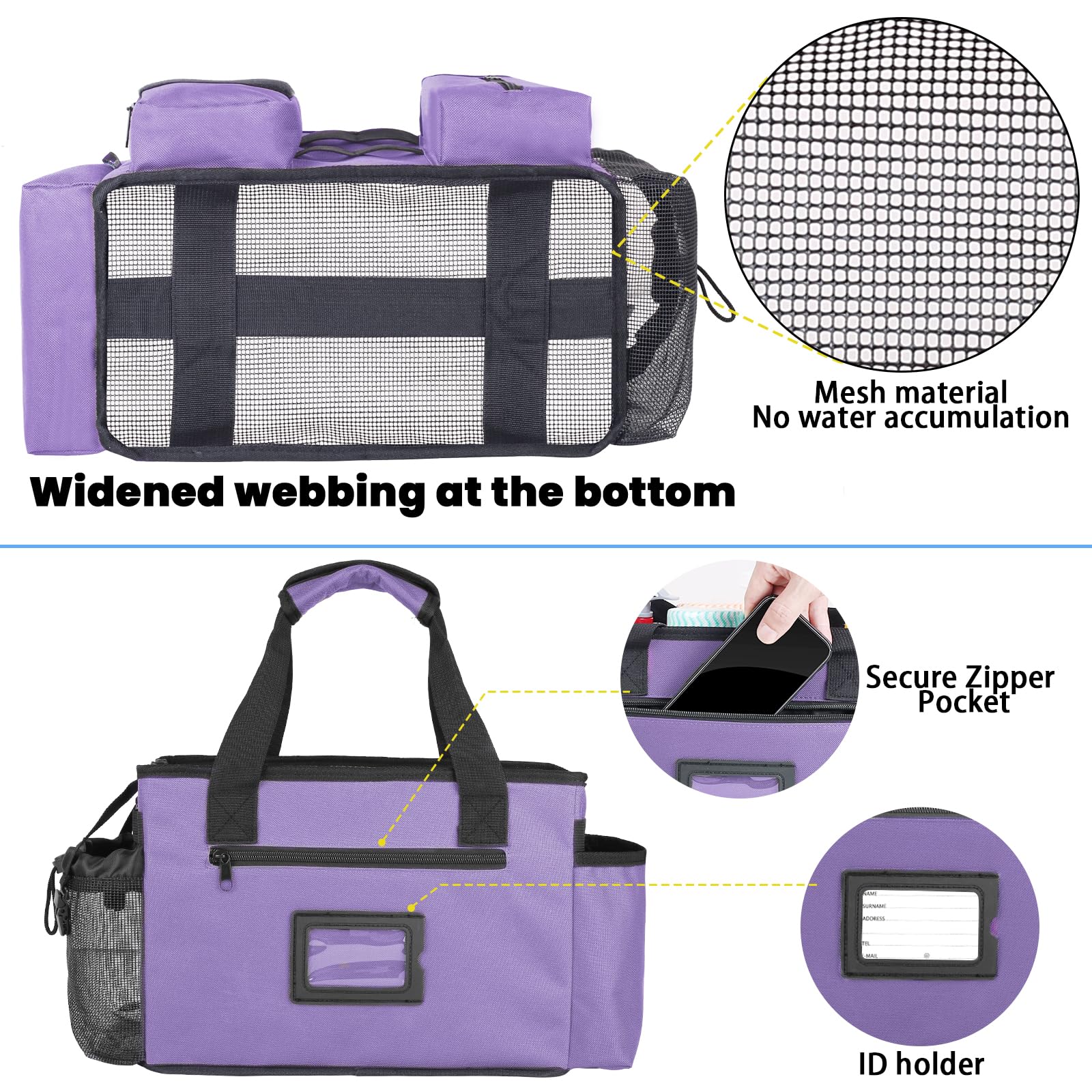 Timoxi Wearable Cleaning Caddy Bag, Cleaning Organizer with Handles, Cleaning Supply Tote with Adjustable Shoulder Strap for Cleaners & Housekeeper (Purple, 13.4'' x 7.3'' x 9.3'')