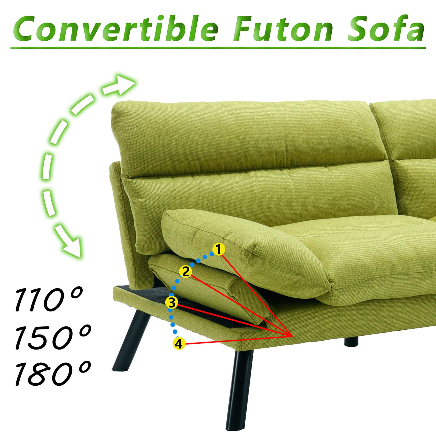 HRVEOCEI Convertible Futon Sofa Bed Couch,Morden Futon Couch Bed,Comfy Loveseat Sleeper Sofa Bed with Folding Armrests&Adjustable Backrests for Bedroom,Living Room,2 Seats,Fabric (Green)