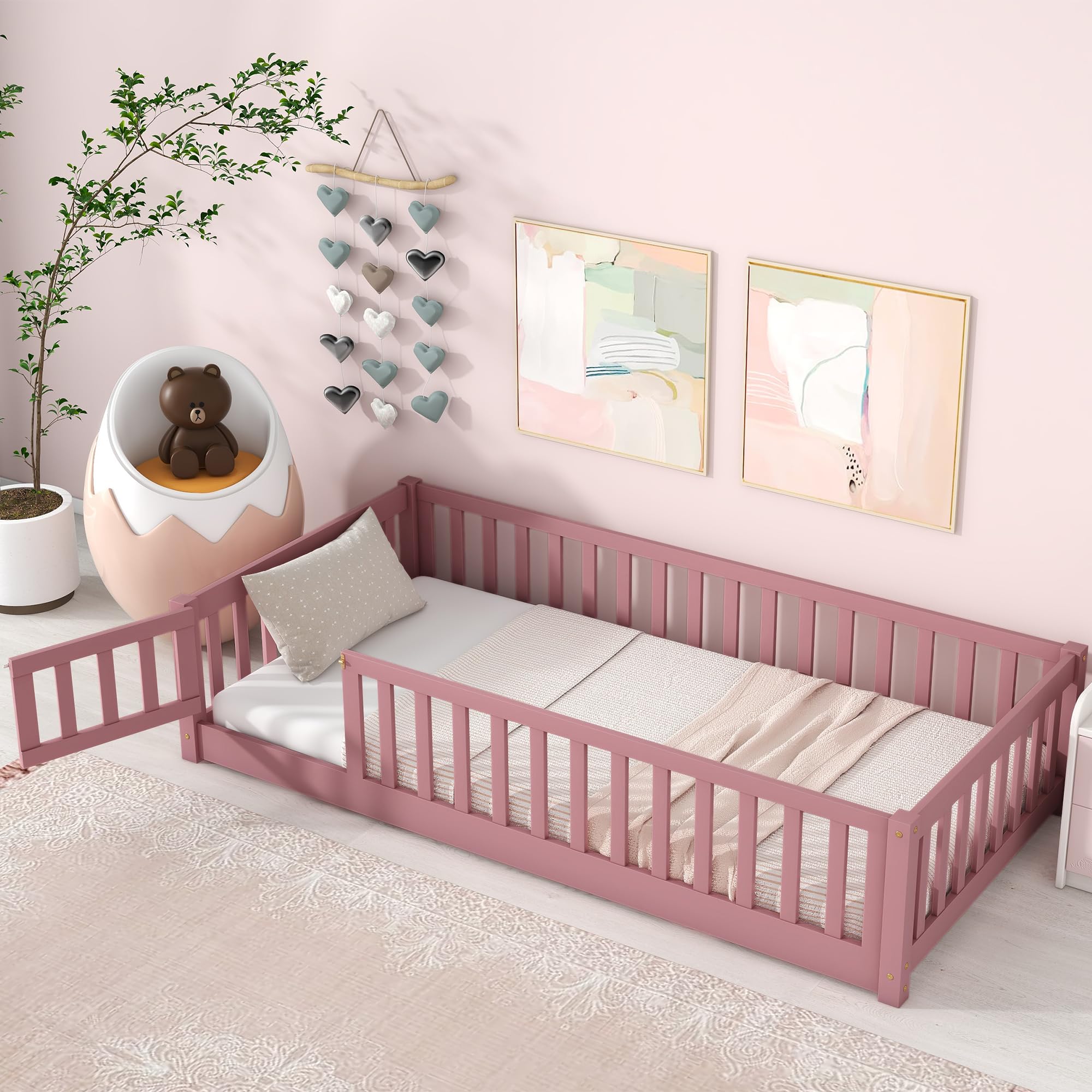 Brafab Montessori Floor Bed with Safety Guardrails and Convertible Door, Twin Size Solid Pine Wood Floor Bed Frame with Slats, Full Length Fence for Girls, Boys, Child Bedroom, Kids Playroom (Pink)