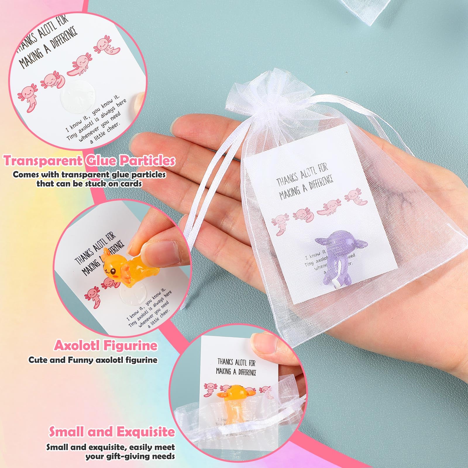 Simgoing 150 Pcs Employee Appreciation Gifts Bulk Include 50 Mini Axolotl Resin Figurine Axolotl Pun Inspirational Thank You Note Cards 50 Organza Bags for Staff Coworkers Office Gifts Party Favors